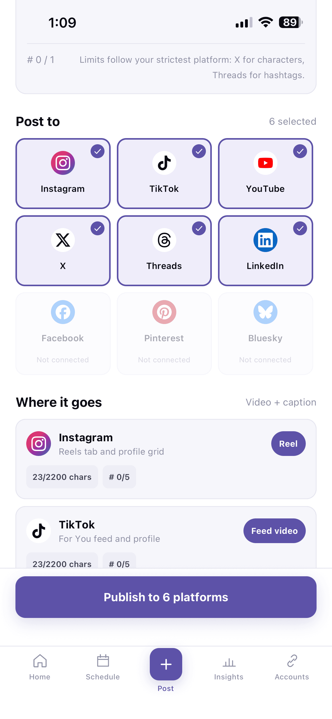 PostQuickly app: choosing the platforms to post to
